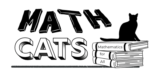 MathCats - a cat sitting atop 3 books with the spines saying mathematics for all